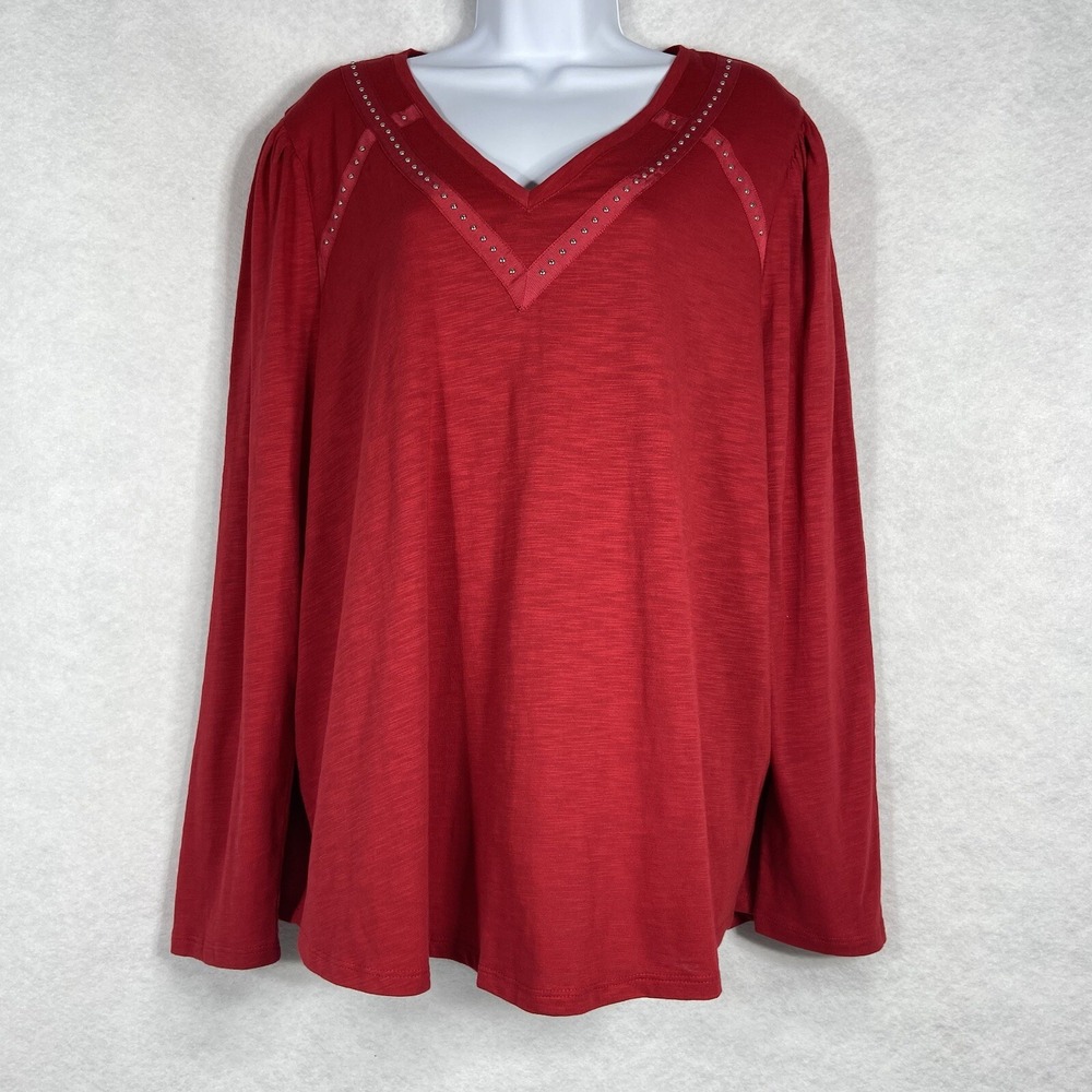 Chico's‎ Top Women 4 US XXL Red Puff Sleeves V-Neck Studded Stretch NWOT